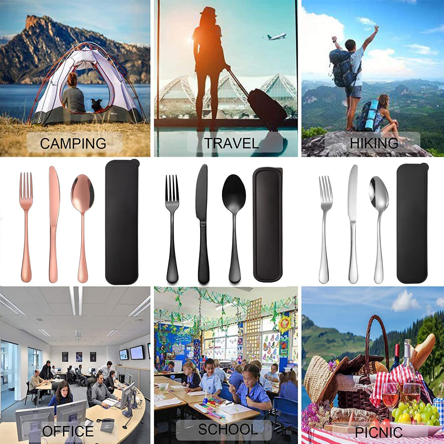 Portable Travel Utensils Set, 18/8 Stainless Steel 3 PCS Cutlery Set Including Knife Fork and Spoon, Reusable Travel Silverware Set with Case for Lunch Box Camping School Office