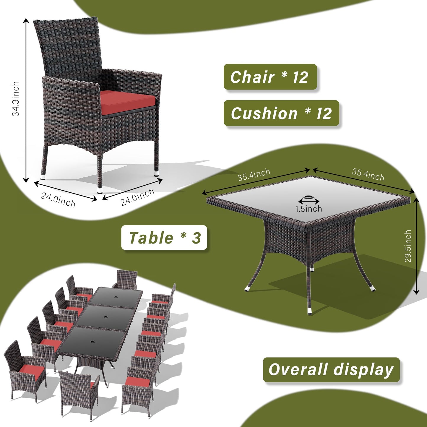 Ensemble de salle à manger de patio 15 pièces Meubles d'extérieur en rotin Ensemble de salle à manger avec 3 plateaux de table carrés en verre 12 chaises avec coussins bleu marine pour patio, arrière-cour, cuisine extérieure, pelouse et jardin 