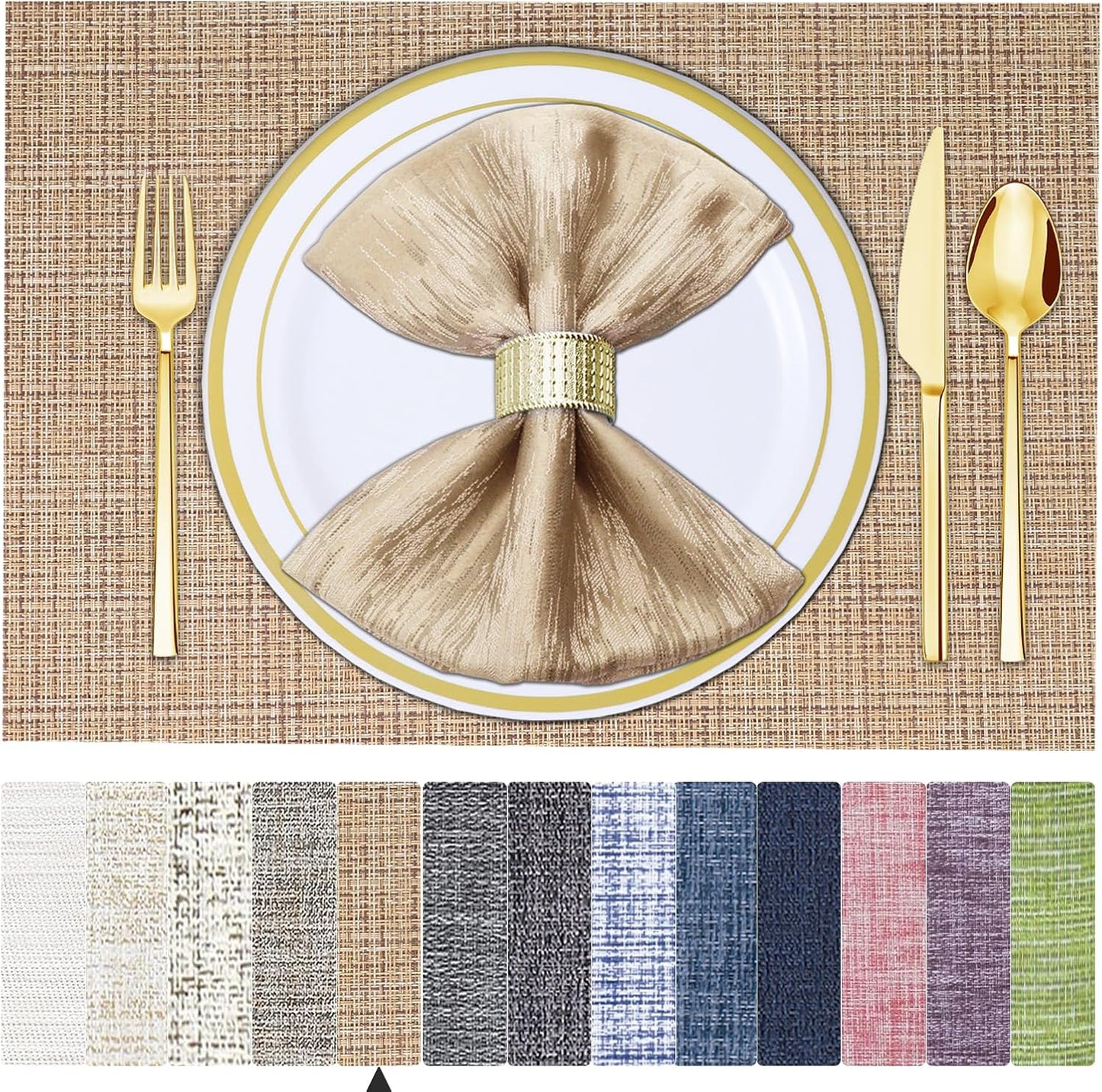 Lot de 6 sets de table en vinyle tissé pour table à manger, lavables et lavables, sets de table de cuisine durables pour intérieur et extérieur, 01 beige, 6 pièces 