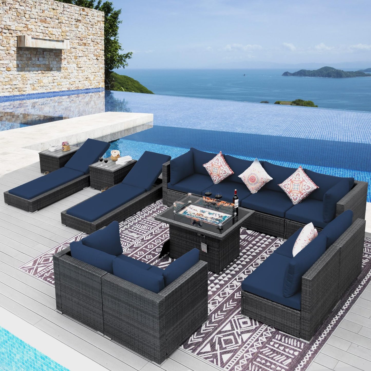 NICESOUL® 13-teiliges großes Luxus-Sofaset für die Terrasse mit Feuerstelle für Erdgas/Propan, 74 cm hohe Rückenlehne, Garten-Sitzgruppe, Gartensofa aus PE-Rattan, dunkelgrau 