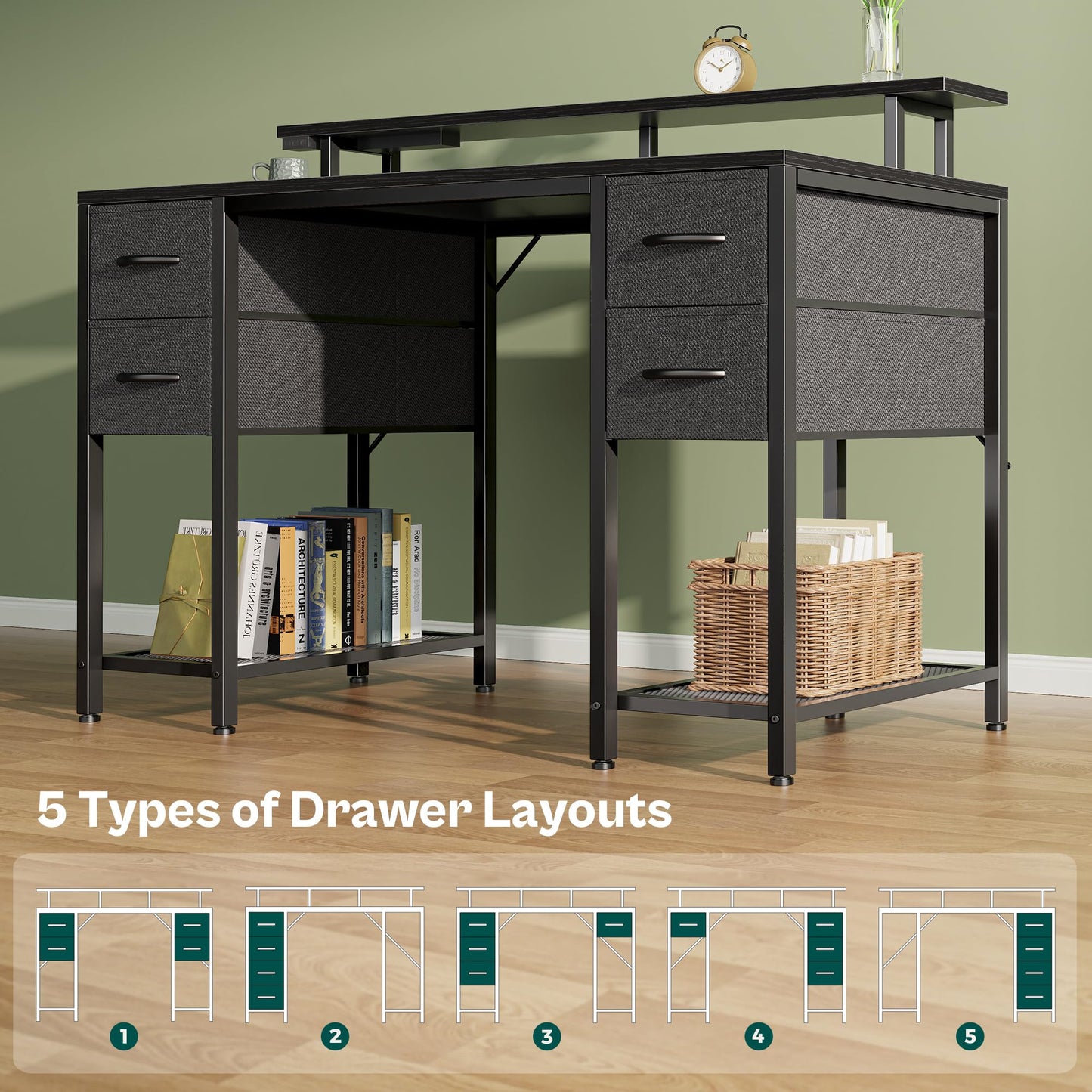 Bureau d'ordinateur Huuger de 47 pouces avec 4 tiroirs, bureau de jeu avec lumières LED et prises de courant, bureau à domicile avec grand espace de rangement pour chambre à coucher, travail à domicile, noir 