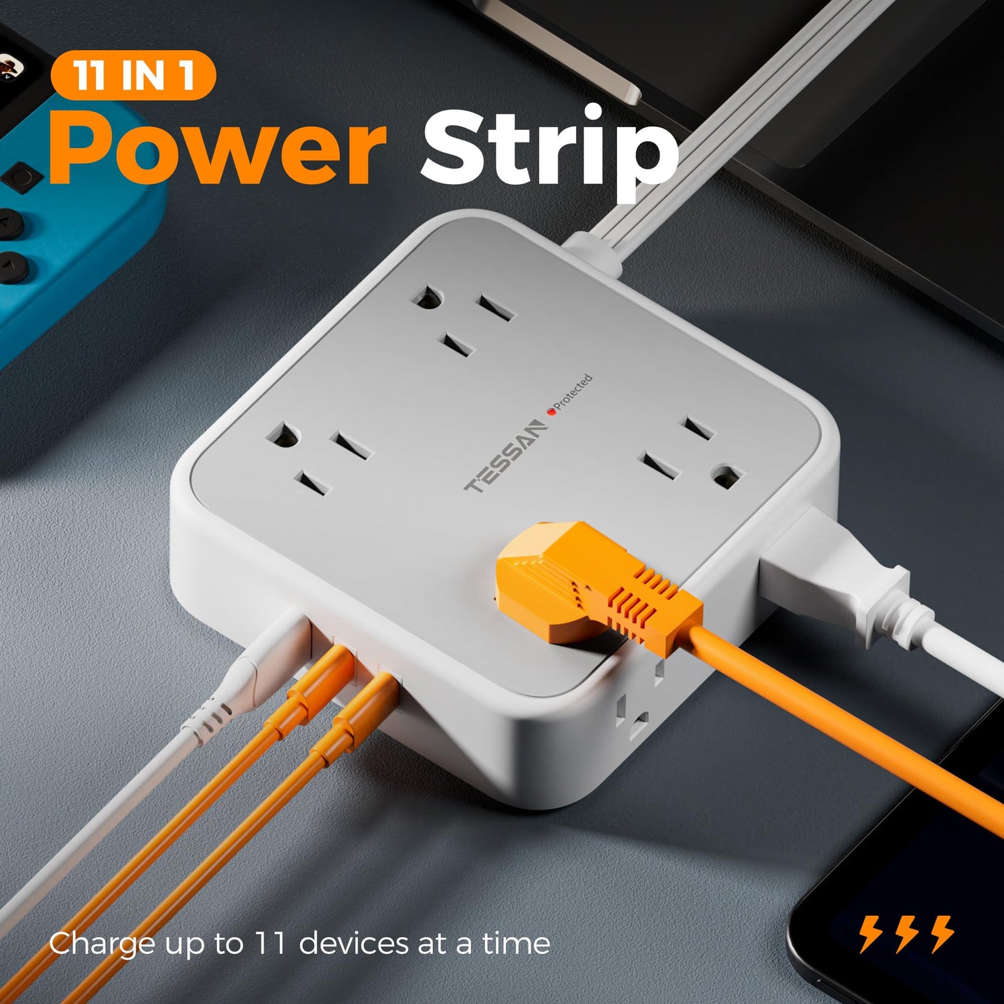 Surge Protector Flat Extension Cord Flat Plug Power Strip, 8 AC Outlets, 3 USB Charger(1 USB C Port) 3-Sided Outlet Extender, 5 Ft, 900 Joules Protection