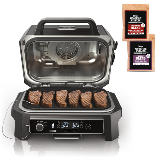 Ninja OG951 Woodfire Pro Connect Premium XL Outdoor Grill & Smoker, Bluetooth, App Enabled, 7-in-1 Master Grill, BBQ Smoker, Outdoor Air Fryer, Woodfire Technology, 2 Built-In Thermometers, Black