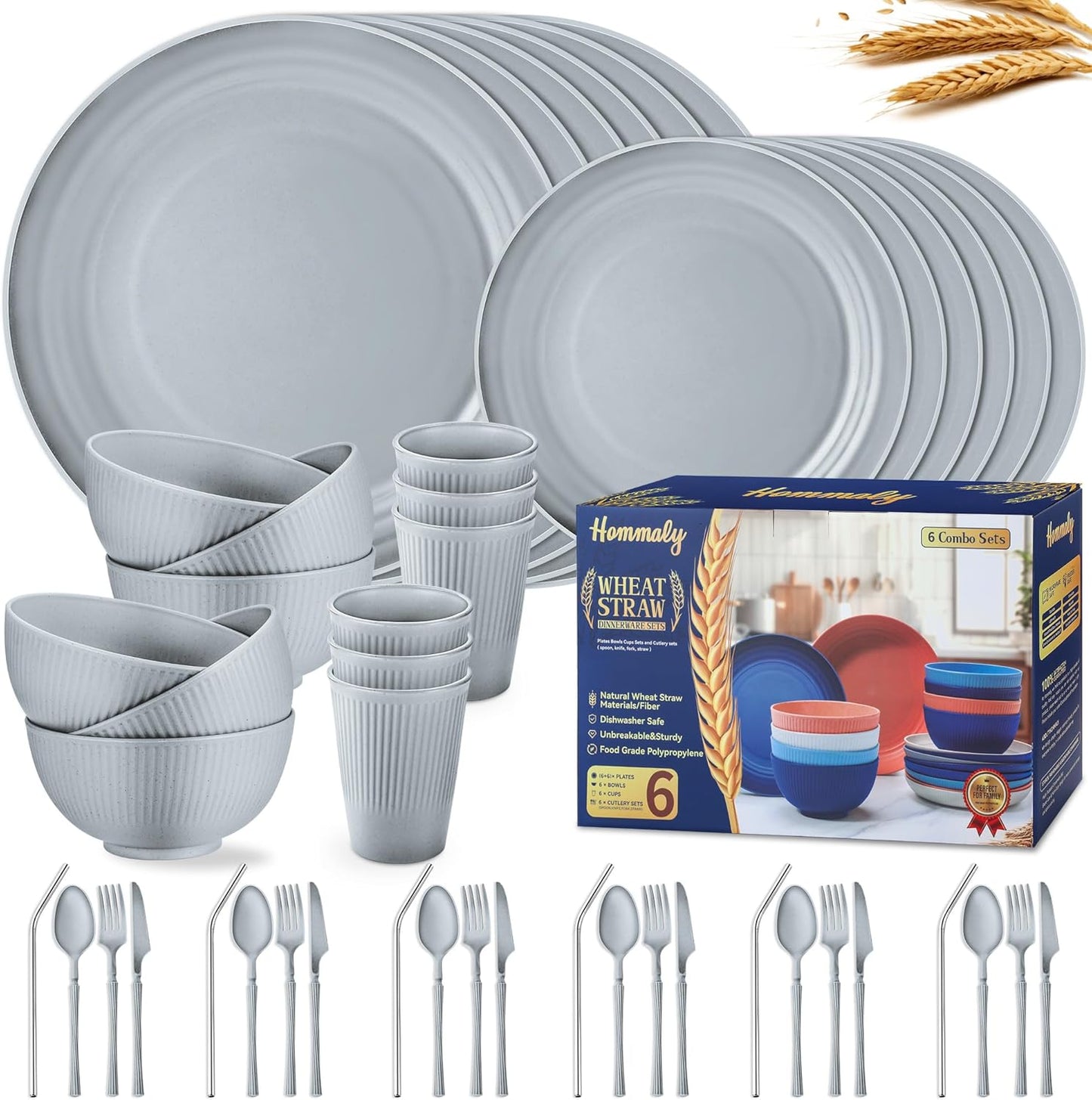 Wheat Straw Dinnerware Sets,48-Piece Plates and Bowls Sets for 6-Unbreakable,Reusable Plastic Dish Set-Dinner Plate/Dessert Plate/Cereal Bowl/Cup/Utensils-Microwavable Dishwasher Safe 48P-Deep Gray