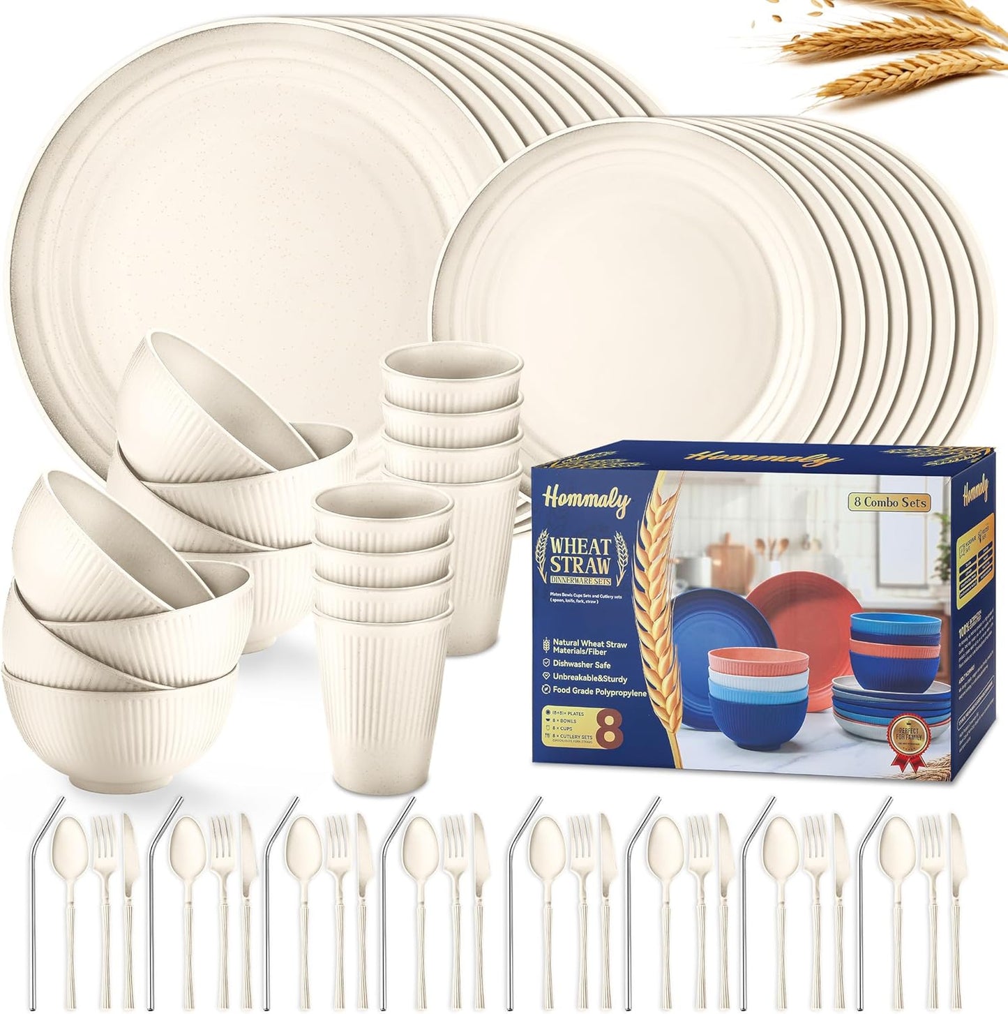 Wheat Straw Dinnerware Sets,48-Piece Plates and Bowls Sets for 6-Unbreakable,Reusable Plastic Dish Set-Dinner Plate/Dessert Plate/Cereal Bowl/Cup/Utensils-Microwavable Dishwasher Safe 48P-Deep Gray