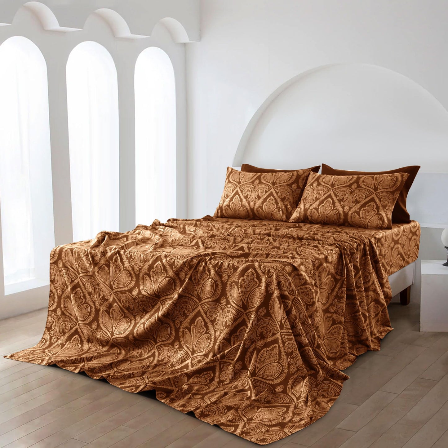 Parure de lit LUX Decor Paisley King, 6 pièces, draps doux en microfibre infroissables – Draps de lit imprimés luxueux comprenant un drap plat, un drap-housse avec poches profondes et 4 taies d'oreiller – Taupe 