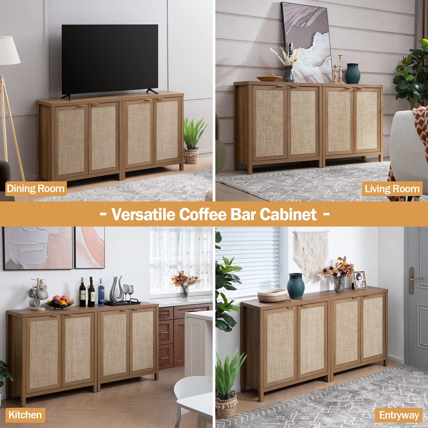 SICOTAS Rattan-Sideboard, Buffetschrank – großer Küchenschrank im Boho-Stil mit Rattan-Aufbewahrung – Holz-Kaffeebar-Schrank, Buffet-Konsolentisch für Esszimmer, Wohnzimmer, Flur – Natur 