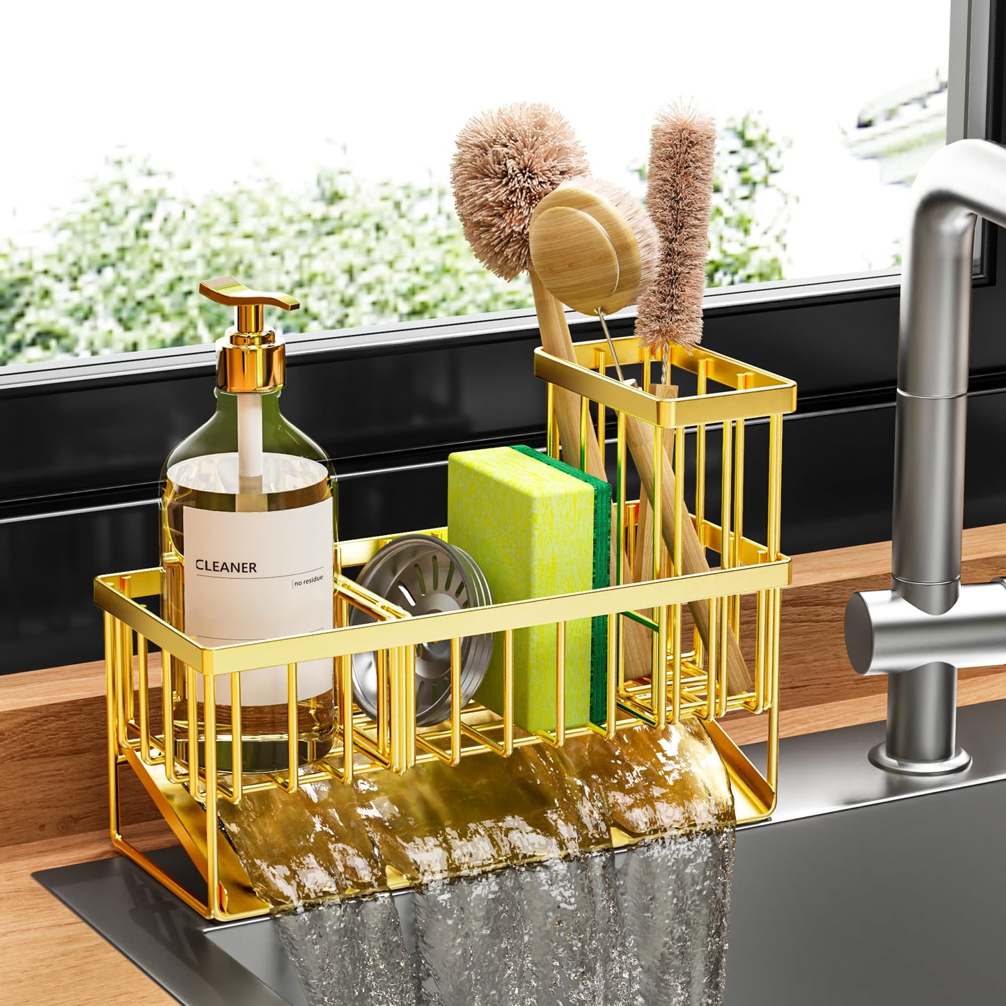 Kitchen Sink Caddy Organzier with High Brush Holder, Sponge Holder for Sink, 304 Rustproof Stainless, Kitchen Countertop Soap Dispenser Organizer, Kitchen Decor and Accessories