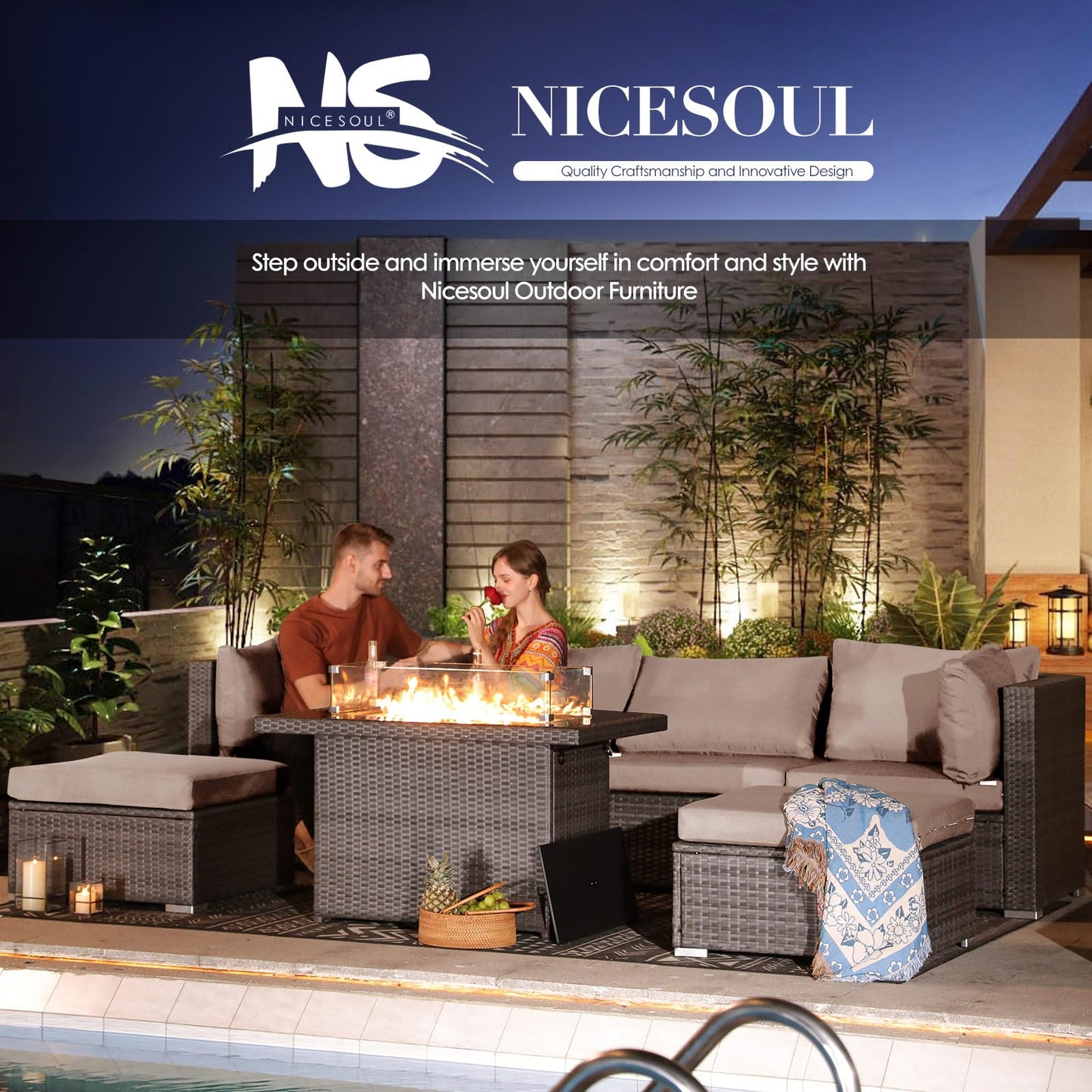 NICESOUL® 13-teiliges großes Luxus-Sofaset für die Terrasse mit Feuerstelle für Erdgas/Propan, 74 cm hohe Rückenlehne, Garten-Sitzgruppe, Gartensofa aus PE-Rattan, dunkelgrau 