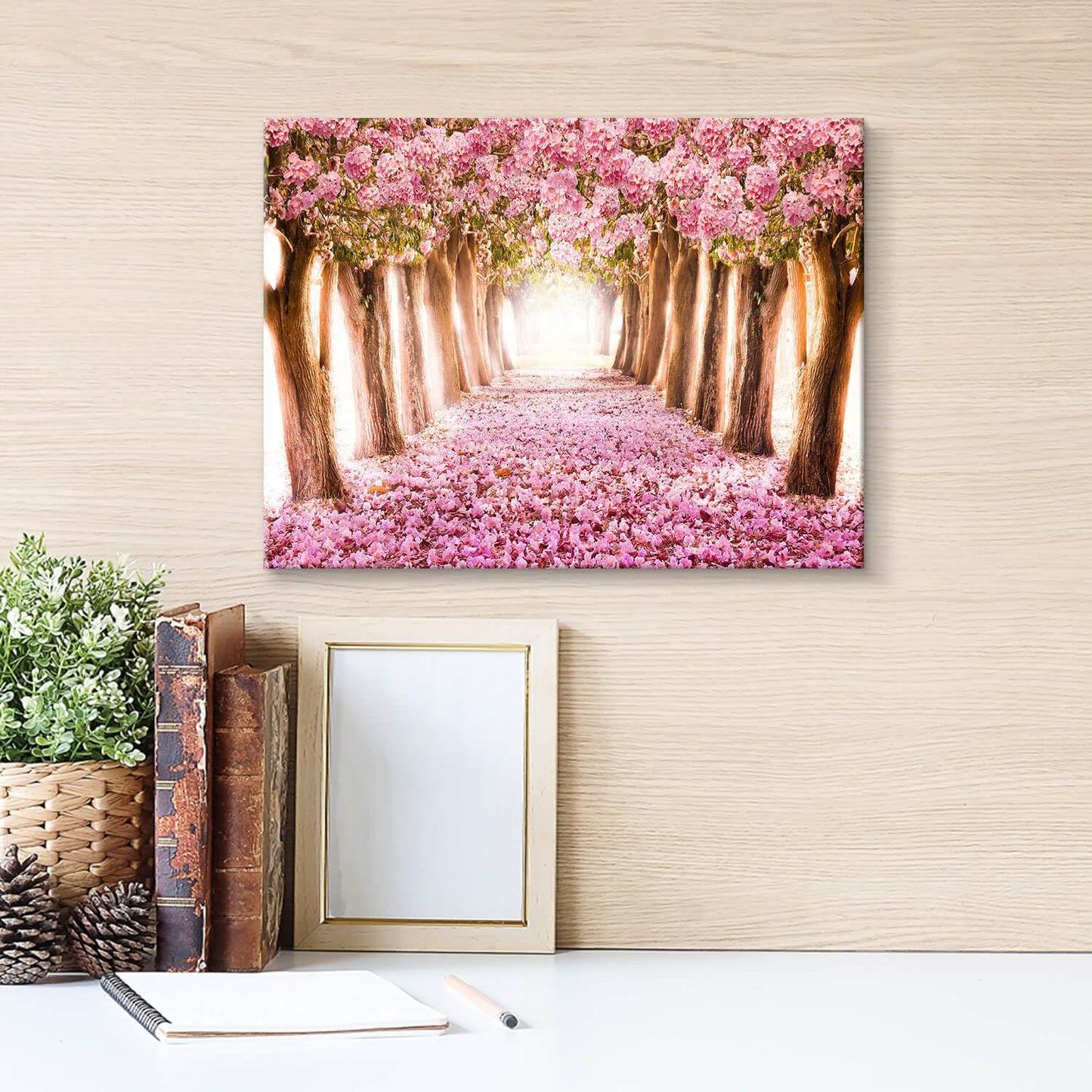 UTOP-art Tableau mural avec fleurs roses : paysage forestier, arbre, chemin, peinture sur toile enveloppée pour salon (36'' x 24'' x 1 panneau) 