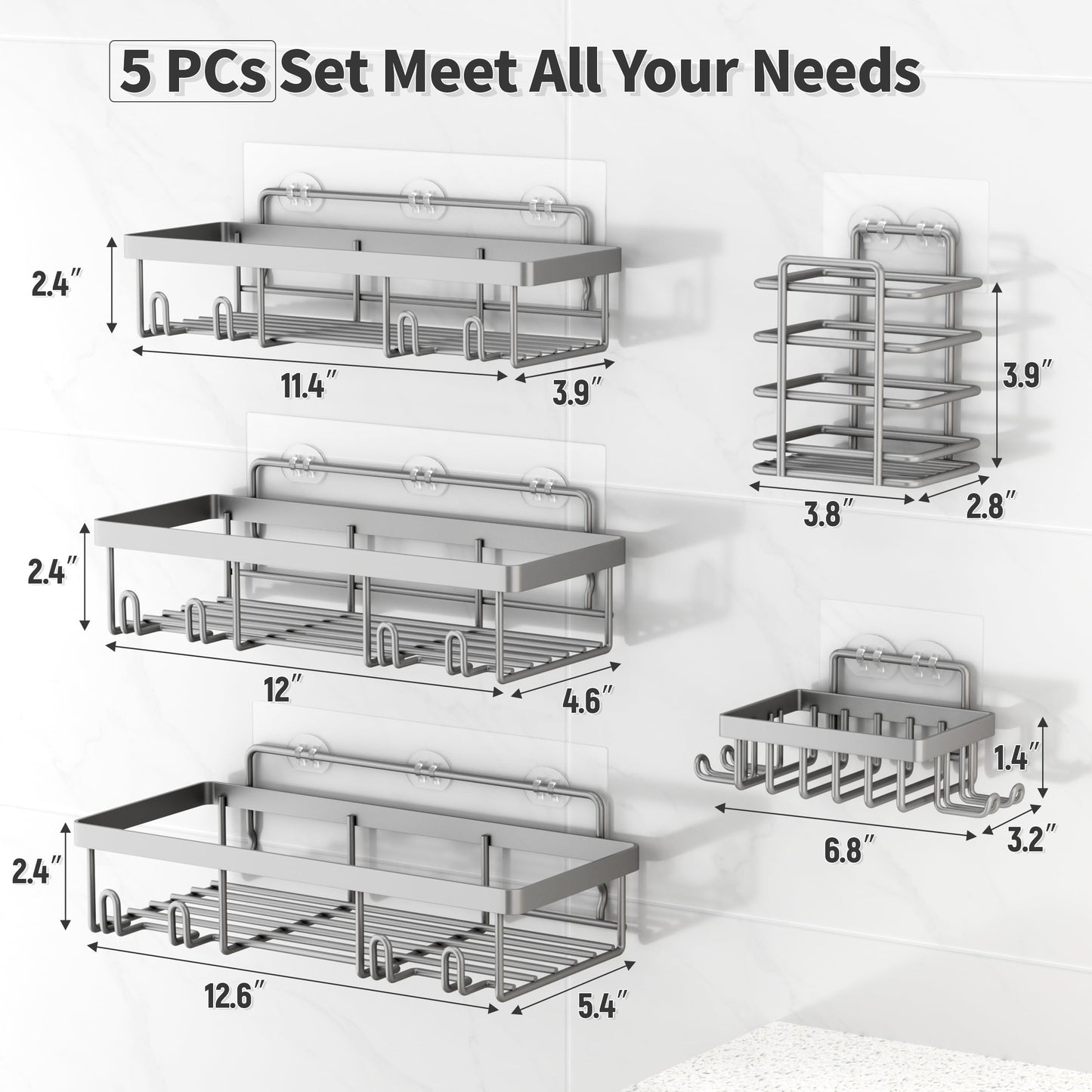Shower Caddy 5 Pack, Bathroom Shower Organizer Rack for Inside Shower, Adhesive Shower Shelf, Shampoo Holder, Shower Basket, Metal Wall Storage, Grey
