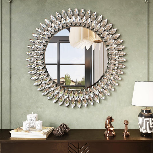 Kelly Miller Round Jeweled Decorative Mirror for Wall, 26 Inch Modern Bathroom Wall Mirror Luxury Vanity Mirror Diamond Mirror for Restroom Half Bath Living Room Bedroom Fireplace Mantle Hallway