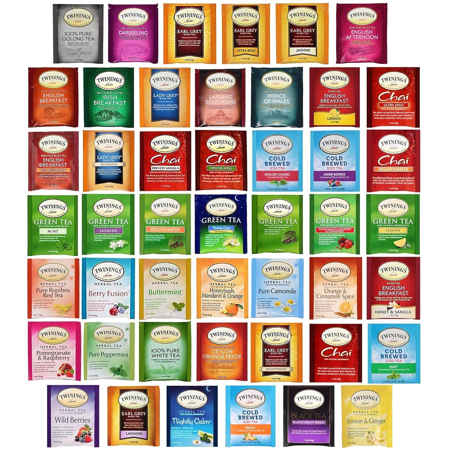 Coffret cadeau d'échantillons de sachets de thé Twinings BLUE RIBBON - 48 unités - Variété parfaite - Petit-déjeuner anglais, thé vert, thé noir, thé aux herbes, thé chai et plus encore 