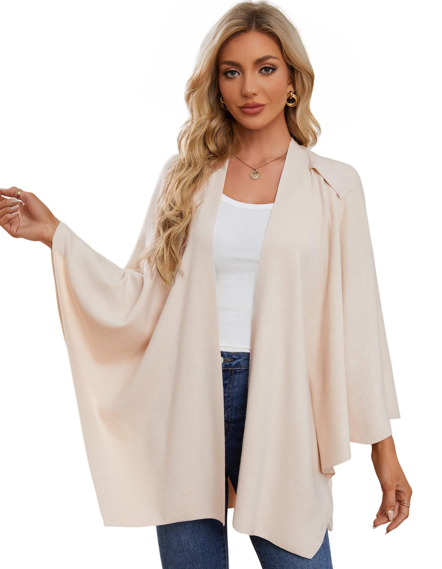 PULI Femmes Grand Poncho Croisé Sur Le Devant Pull Enveloppant Topper Tricoté Élégant Châles Cape pour l'Automne Hiver