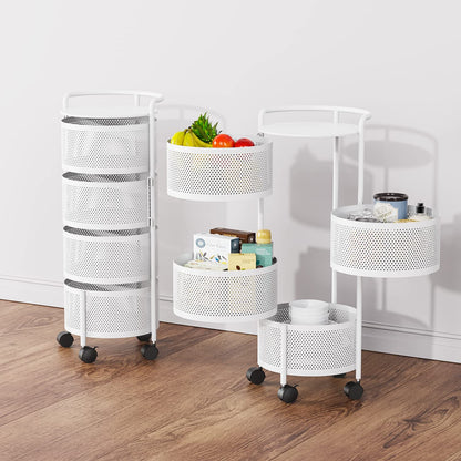 No Assembly Required Vegetable Storage Rack, 4-Tier Rotating Fruit Basket with Wheels, Heavy Duty Carbon Steel Kitchen Storage Cart