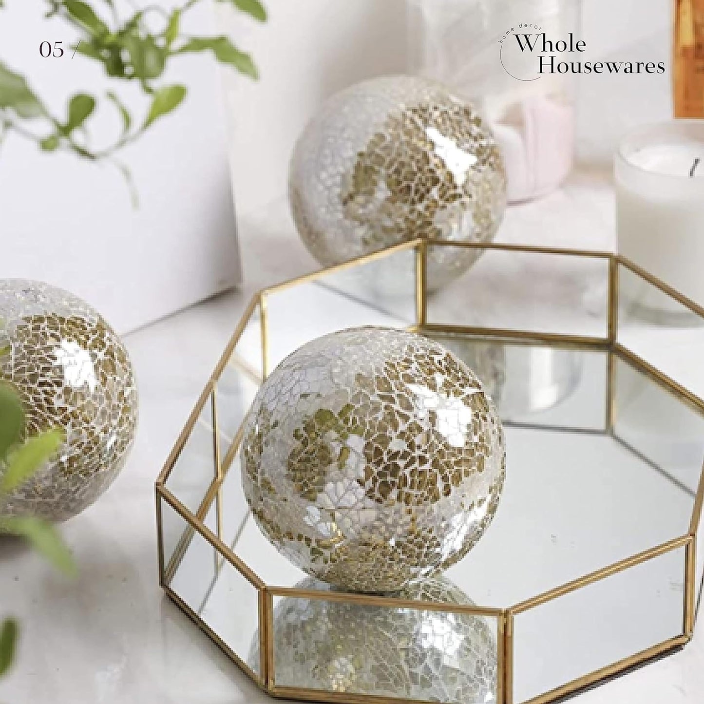 WHOLE HOUSEWARES | Decorative Balls for Centerpiece Bowls | Set of 3 | Glass Mosaic Sphere | Diameter 4" | Home/Garden/Kitchen/Living Room Decor | Gold