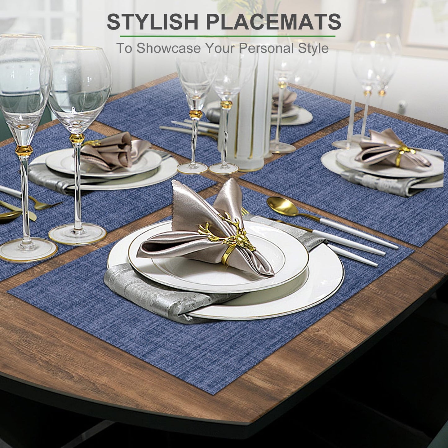 Set of 6 Placemats – Washable Woven Vinyl Table Mats for Dining, Kitchen, Indoor/Outdoor Use