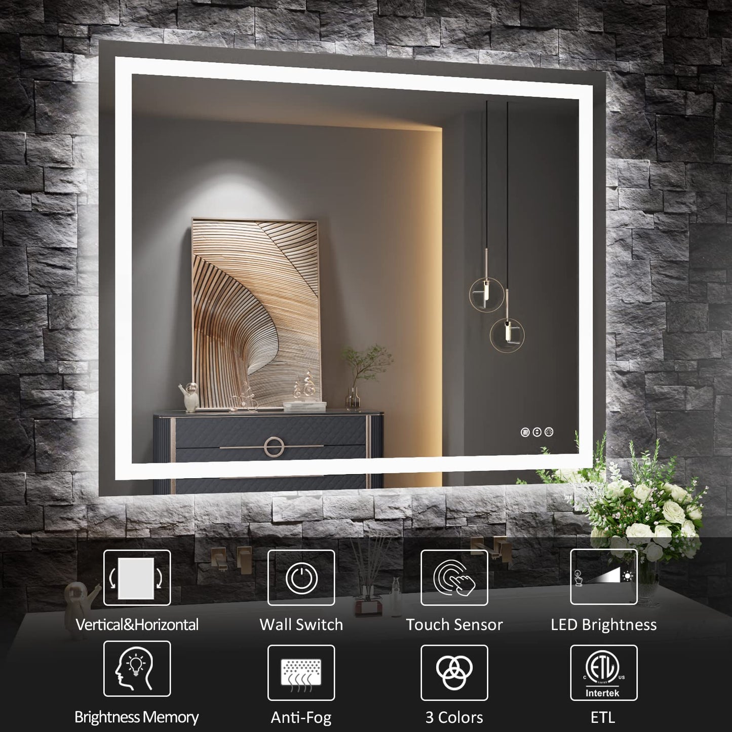 Amorho 20"x 28" LED Bathroom Mirror with Black Frame, Front Light and Backlit(Controlled Separately), Stepless Dimmable, Anti-Fog, Shatter-Proof, 3 Colors, Memory