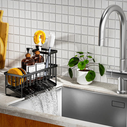 Kitchen Sink Caddy Organzier with High Brush Holder, Sponge Holder for Sink, 304 Rustproof Stainless, Kitchen Countertop Soap Dispenser Organizer, Kitchen Decor and Accessories