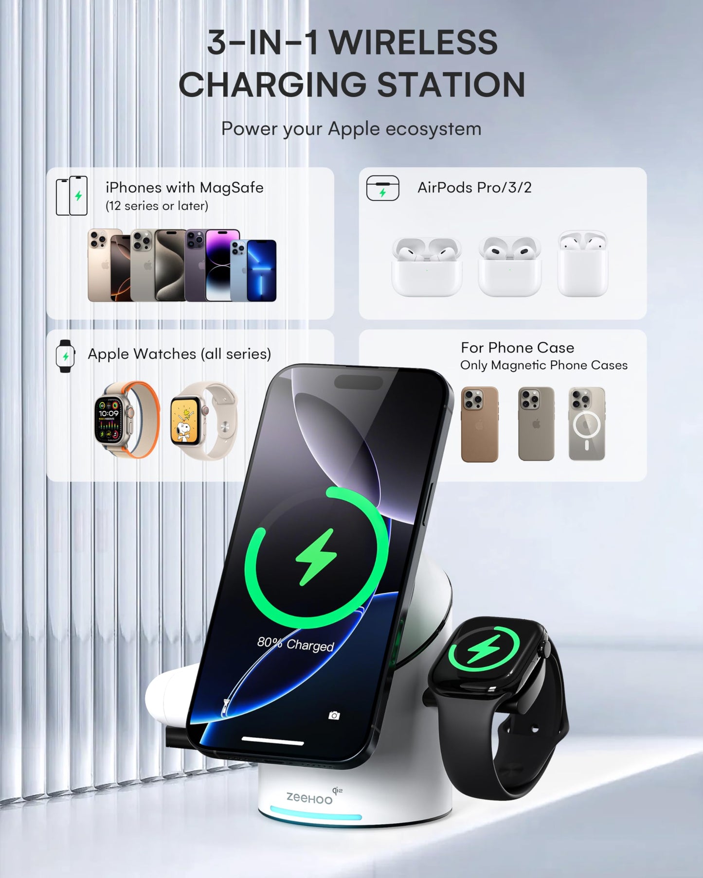 ZEEHOO 3 in 1 Charging Station for Apple Devices, Mag-Safe Charger Stand, Qi2 15W Auto-Rotating Wireless Charging Station for iPhone 16/15/14/13/12 Series& AirPods& iWatch(30W Charger Included) White