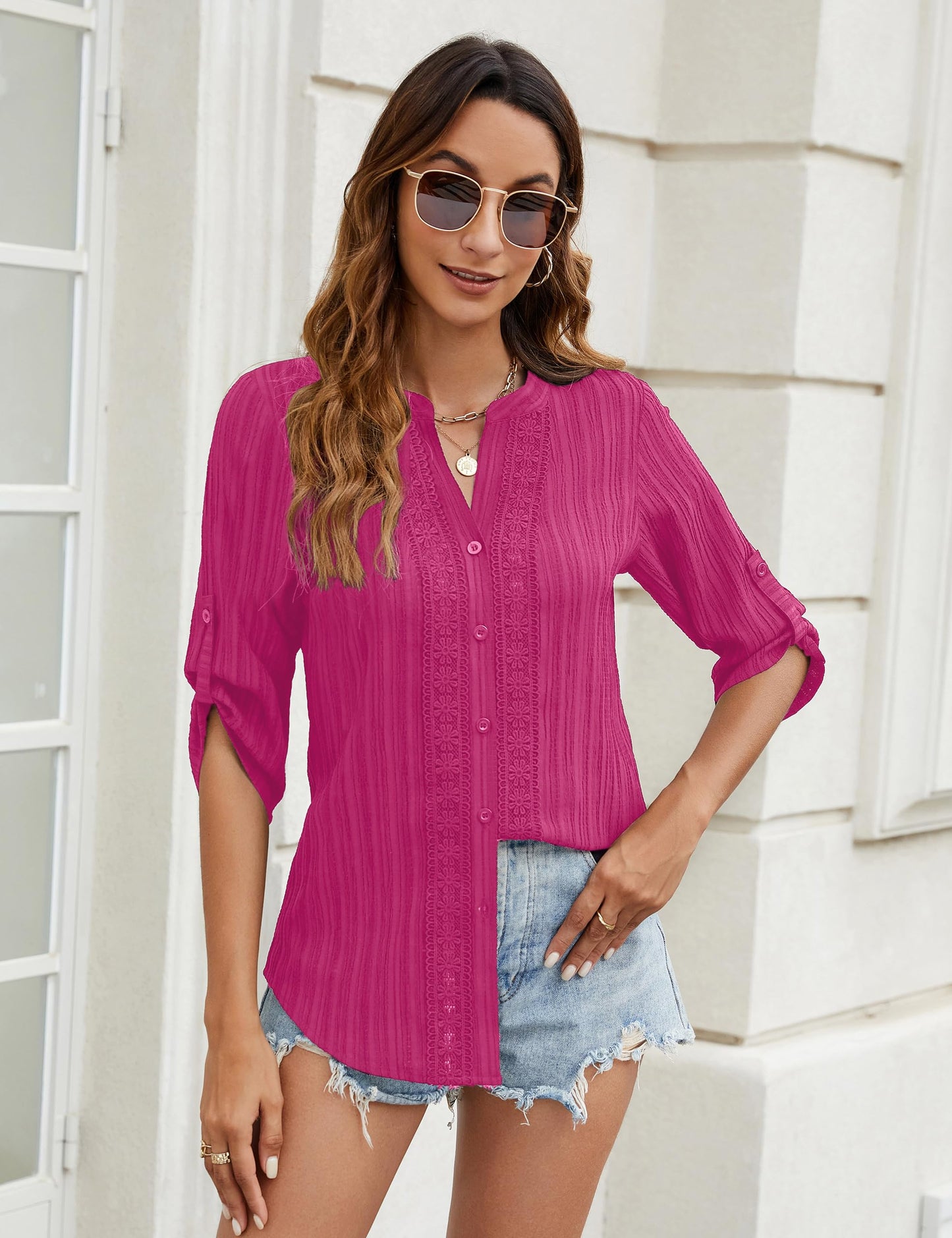 Blooming Jelly Womens Button Down Shirts Lace Crochet Dressy Casual Tops 3/4 Sleeve Work Summer Outfits 2024