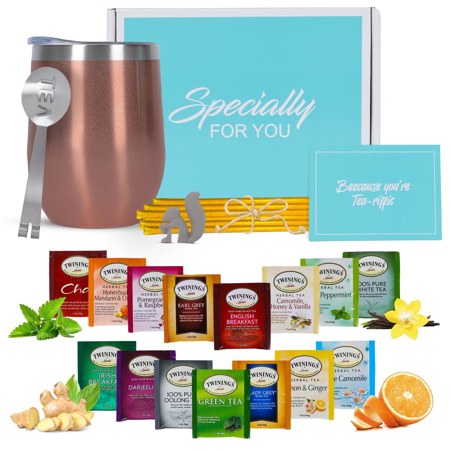 Tea Gift Sets for Tea Lovers Women and Men | Tea Gifts | Tea Gift Set | Tea Sets for Women | Stainless Steel Tumbler | 15 Unique Teas | 10 Honey Straws | Gift Box Tea Set (Teal)