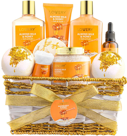 Coffret cadeau pour femme - Coffret de soins personnels et de beauté au lait d'amande et au miel 10 pièces - Coffret de soins à domicile pour se détendre - Kit de soins personnels pour spa - Cadeau de remerciement, d'anniversaire, de maman, d'anniversaire 