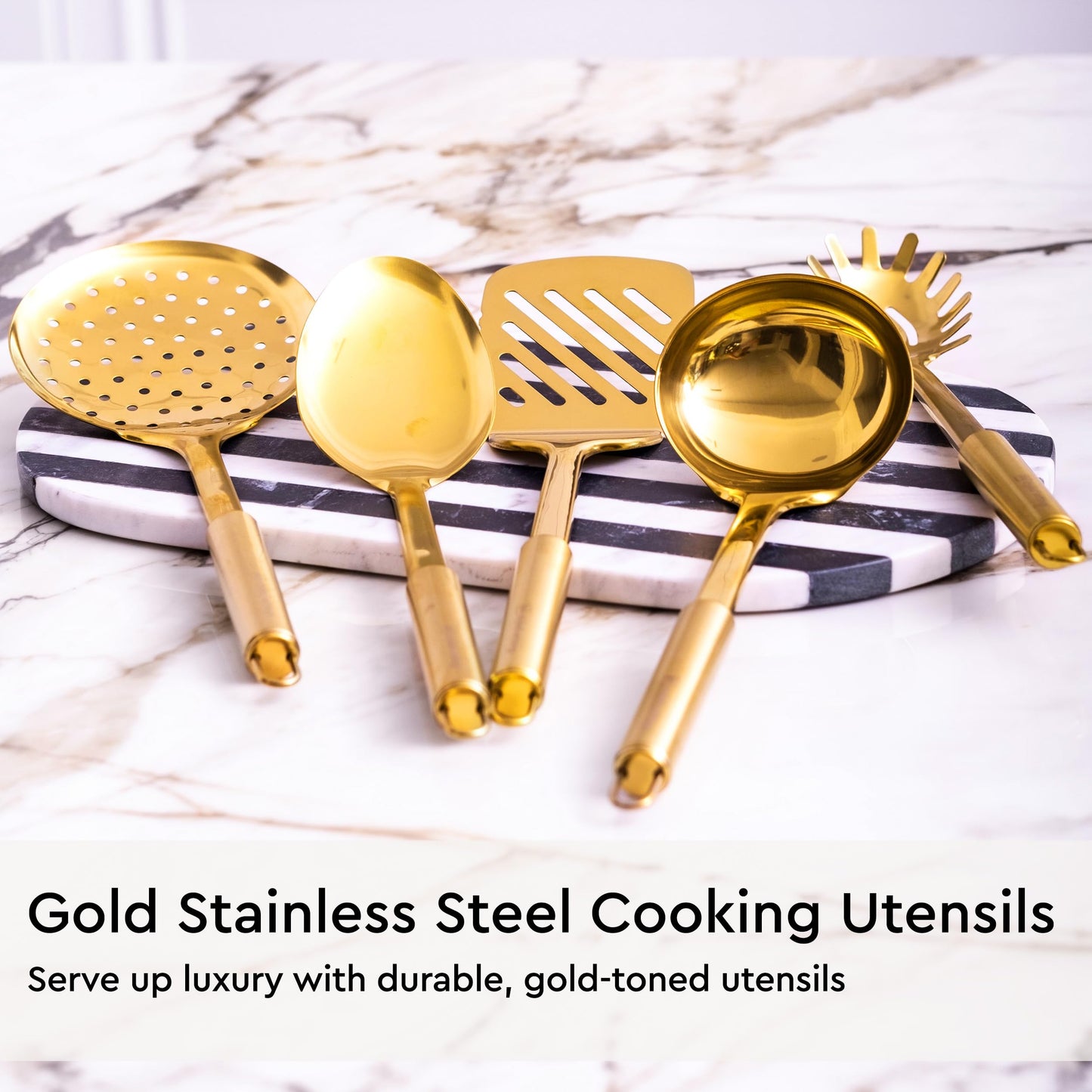 Copper Cooking Utensils for Cooking/Serving, Rose Gold Kitchen Utensils -Stainless Steel Copper Serving Utensils Set 5 PCS-Copper Ladle, Serving Spoon, Pasta Serving Fork, Spatula, Kitchen Skimmer