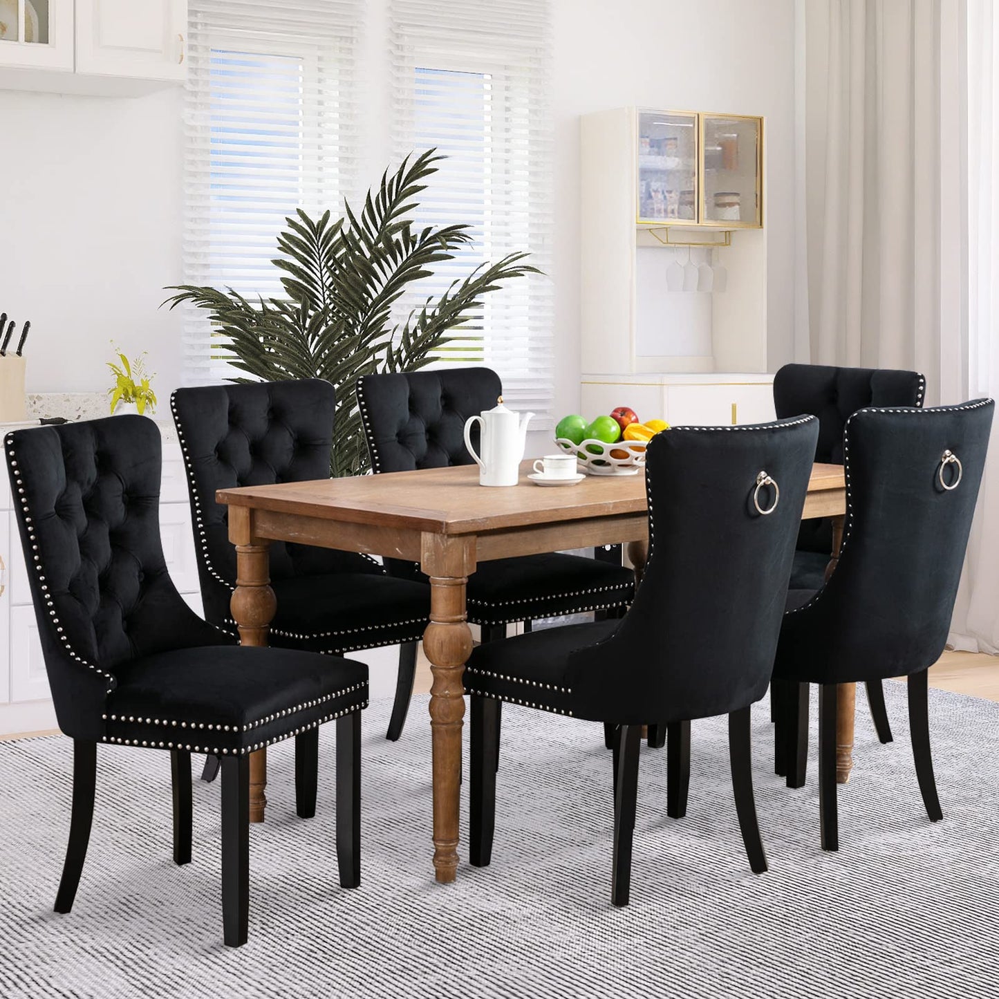 Lot de 8 chaises de salle à manger en cuir SoarFlash, chaise d'appoint à dossier haut, chaise d'appoint rembourrée moderne avec anneau de dossier à boutons, pieds en bois massif (noir et gris) 