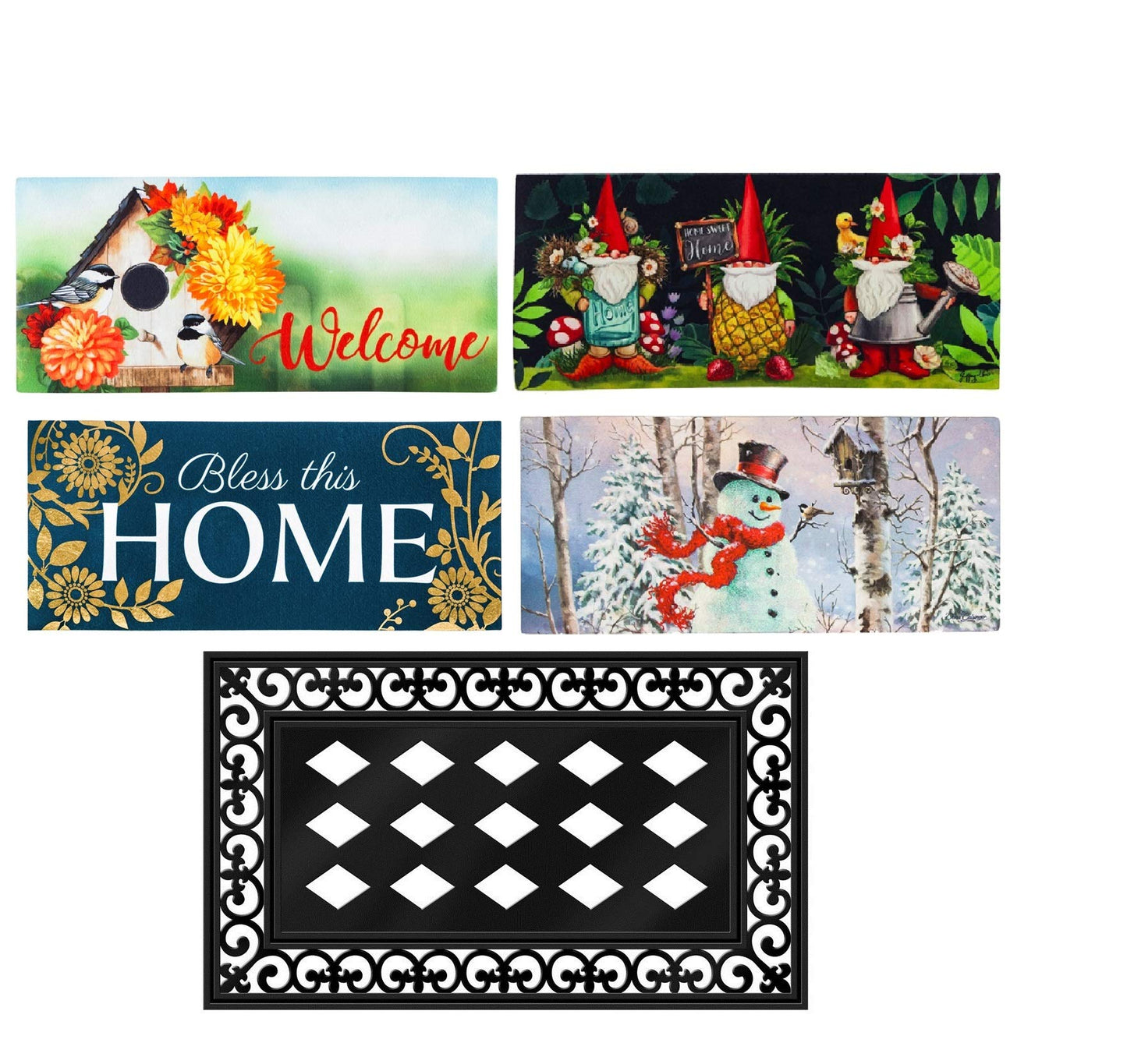 Evergreen Sassafras Bundle - Set of 5 Seasonal Interchangeable Entrance Doormats | Indoor and Outdoor |22-in x 10-in doormats and 28-in x 16-in Tray | Non-Slip Backing | Low Profile | Home Décor