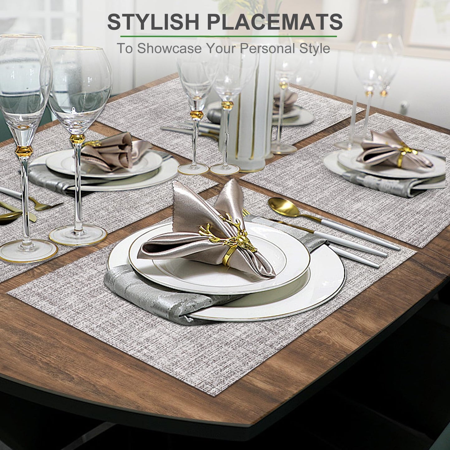 Placemats Set of 6 Woven Vinyl Placemat for Dining Table Washable Wipeable Kitchen Place Mats Durable Indoor Outdoor Table Mats 01 Beige, 6 Pcs