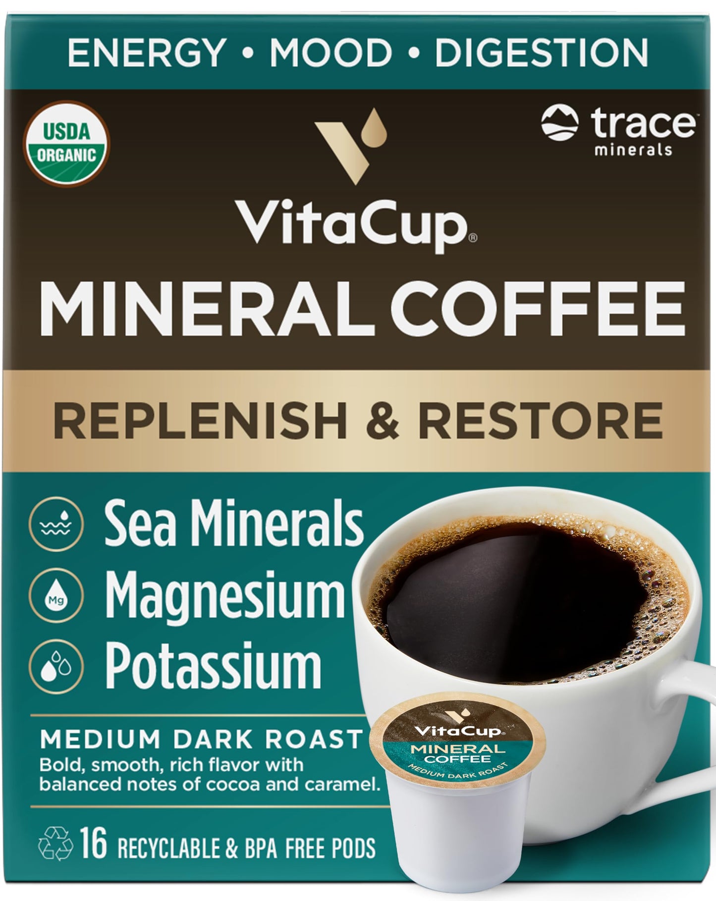 Capsules de café VitaCup Lightning, pour la mémoire et la concentration avec 2X de caféine, grains de café vert, vitamines B, D3, café torréfié foncé et fort, dosettes individuelles recyclables compatibles avec les cafetières Keurig K-Cup, 16 unités 