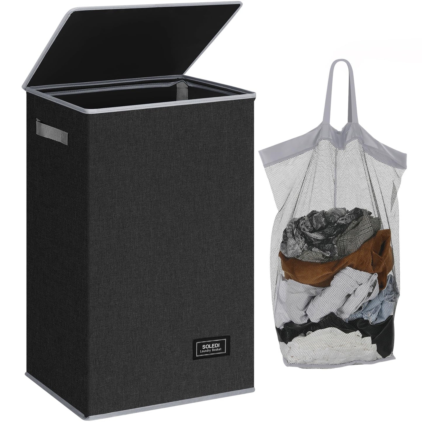 SOLEDI Laundry Hamper Black with Lid and Removable Bag - 100L Large and Tall Laundry Basket Collapsible with Handle for Clothing and Toys Storage - Dirty Clothes Hamper for Bedroom, bathroom, dorm