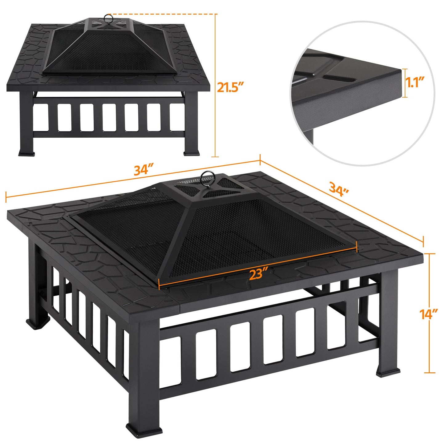 Yaheetech 32 Zoll große Feuerstelle für den Außenbereich, quadratischer Tisch, Gartenofen für Hinterhof, Terrasse, Holzfeuerstelle mit Funkenschutz, Schürhaken und Abdeckung 