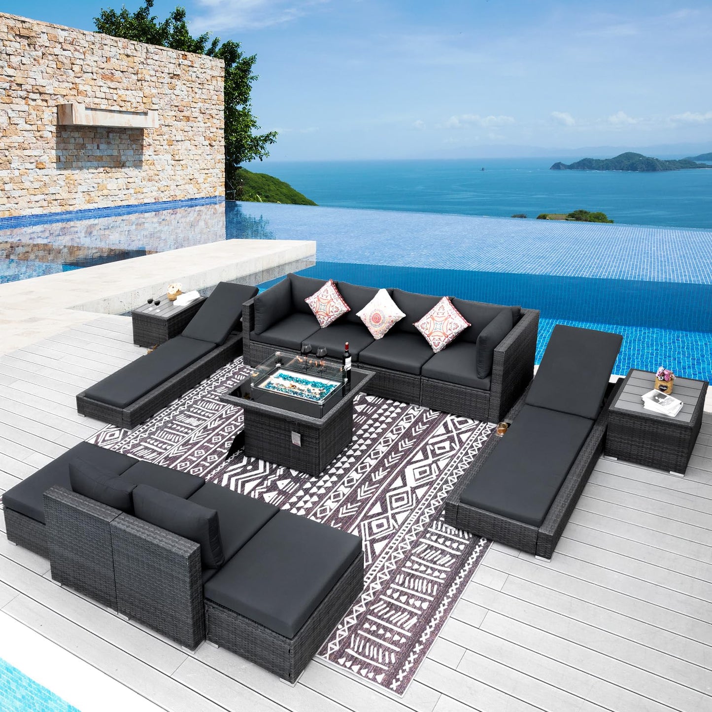 NICESOUL® 13-teiliges großes Luxus-Sofaset für die Terrasse mit Feuerstelle für Erdgas/Propan, 74 cm hohe Rückenlehne, Garten-Sitzgruppe, Gartensofa aus PE-Rattan, dunkelgrau 