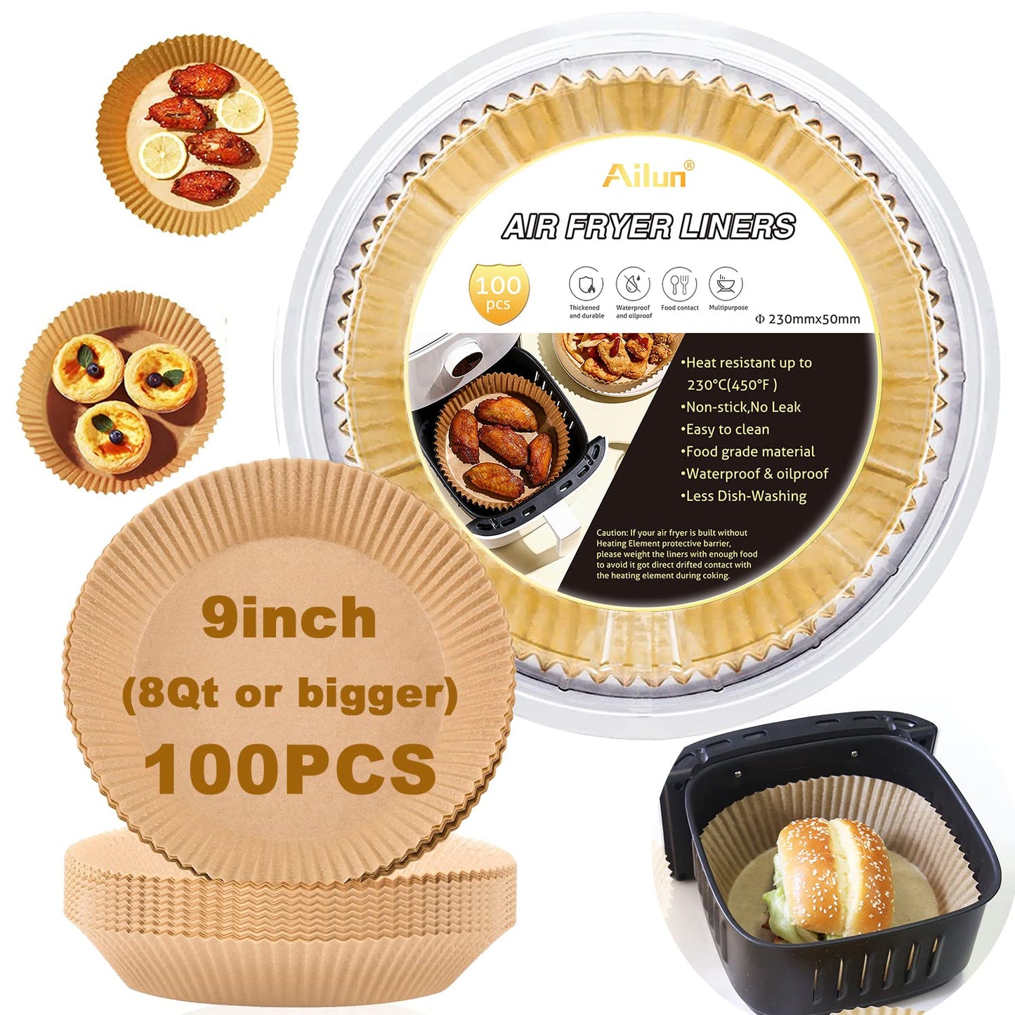 Ailun Lot de 100 doublures en papier pour friteuse à air comprimé 20,3 cm, antiadhésives, résistantes à l'huile, jetables, de qualité alimentaire, sans javel, carrées pour friteuse à air comprimé de 5 à 8 QT, cuisson, rôtisserie, micro-ondes 