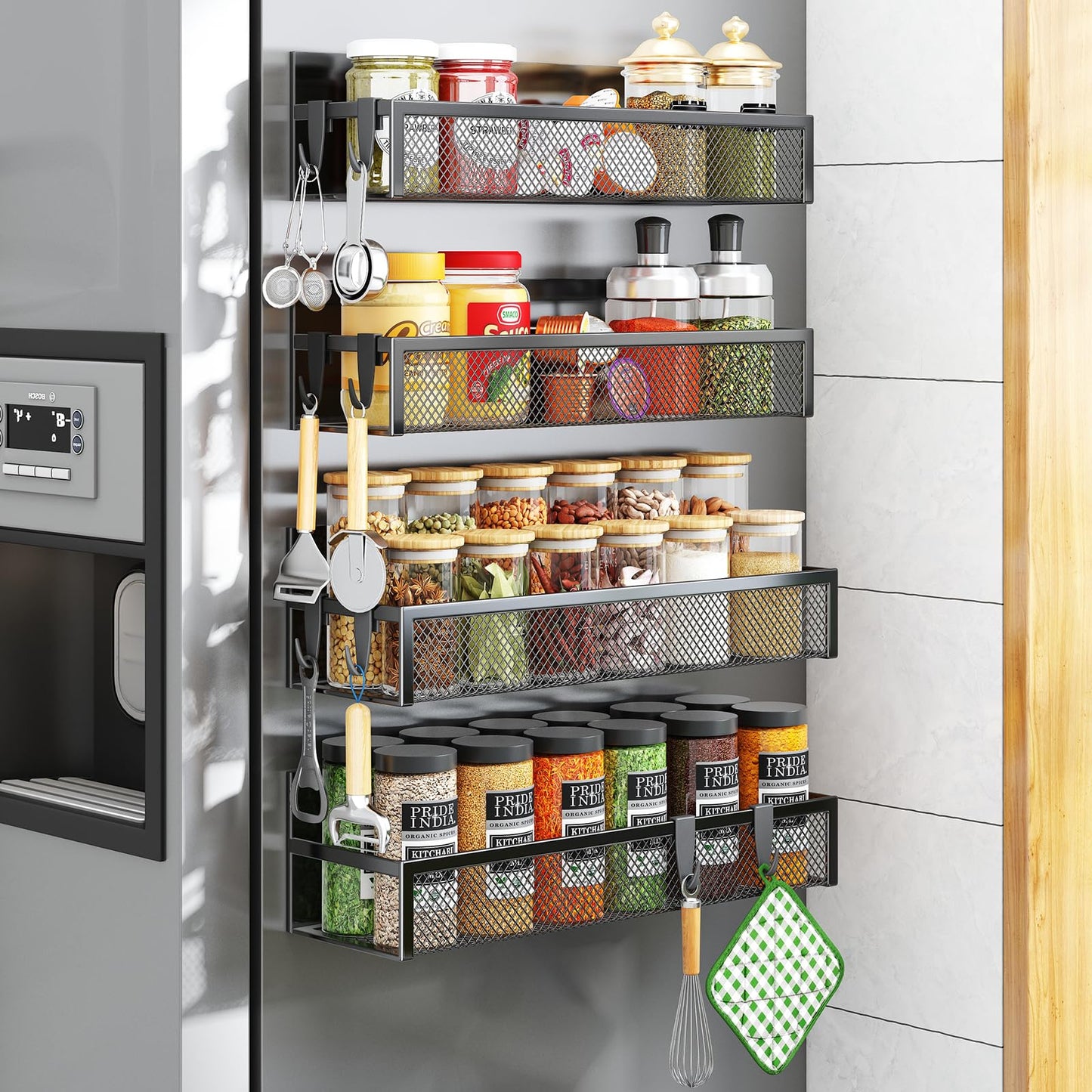 Magnetic Spice Rack for Refrigerator, 6 Pack Magnetic Shelf, Fridge Magnet Organizer with Moveable 12 Hooks, Magnetic Fridge Shelf for Kitchen Organization and Storage (6 Pack)