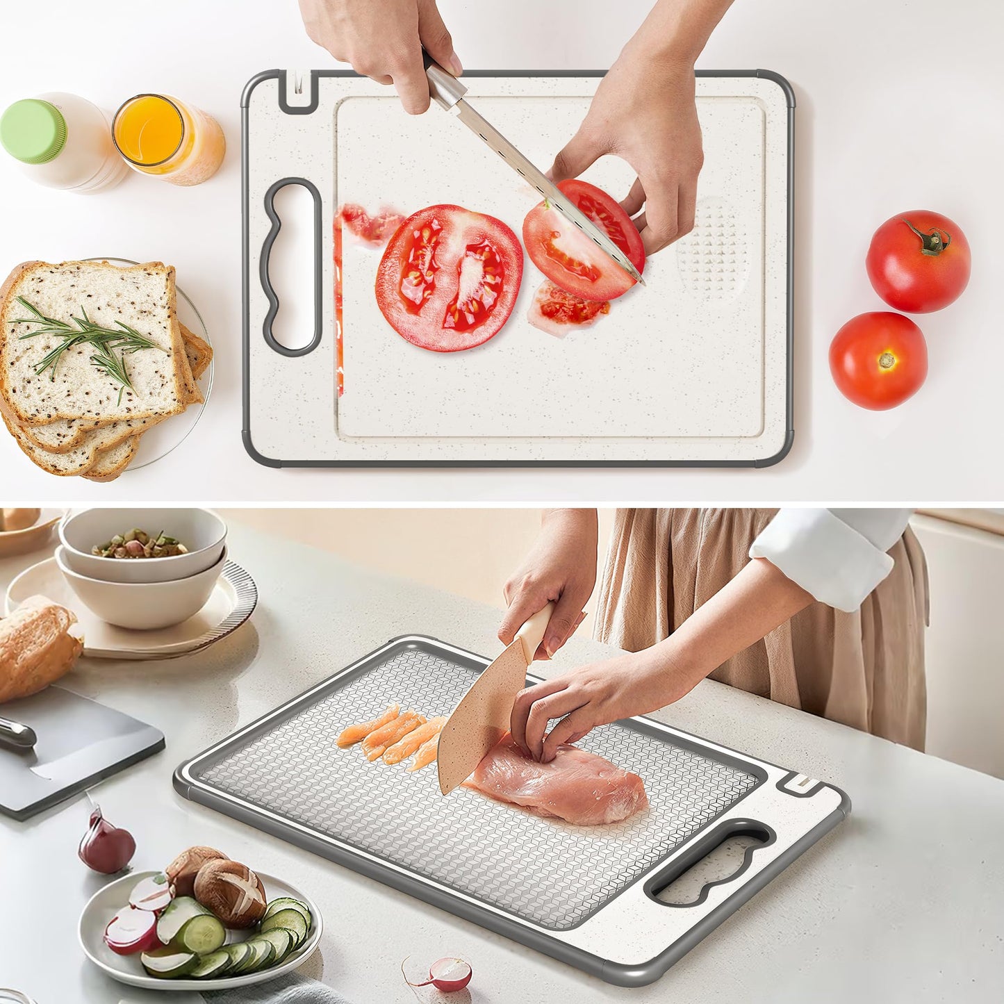 Double Sided 304 Stainless Steel & Wheat Straw Cutting Board, 14.4"*9.8" Non Toxic Lightweight Chopping Board, Separately Handle Meat and Vegetables, Dishwasher Safe, Scratch Resistant Mesh Design