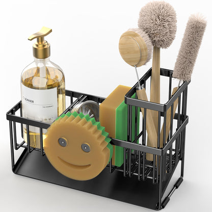 Kitchen Sink Caddy Organzier with High Brush Holder, Sponge Holder for Sink, 304 Rustproof Stainless, Kitchen Countertop Soap Dispenser Organizer, Kitchen Decor and Accessories