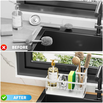 Kitchen Sink Caddy Organzier with High Brush Holder, Sponge Holder for Sink, 304 Rustproof Stainless, Kitchen Countertop Soap Dispenser Organizer, Kitchen Decor and Accessories