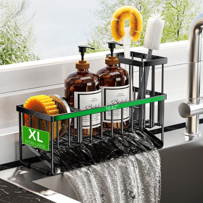 Kitchen Sink Caddy Organzier with High Brush Holder, Sponge Holder for Sink, 304 Rustproof Stainless, Kitchen Countertop Soap Dispenser Organizer, Kitchen Decor and Accessories