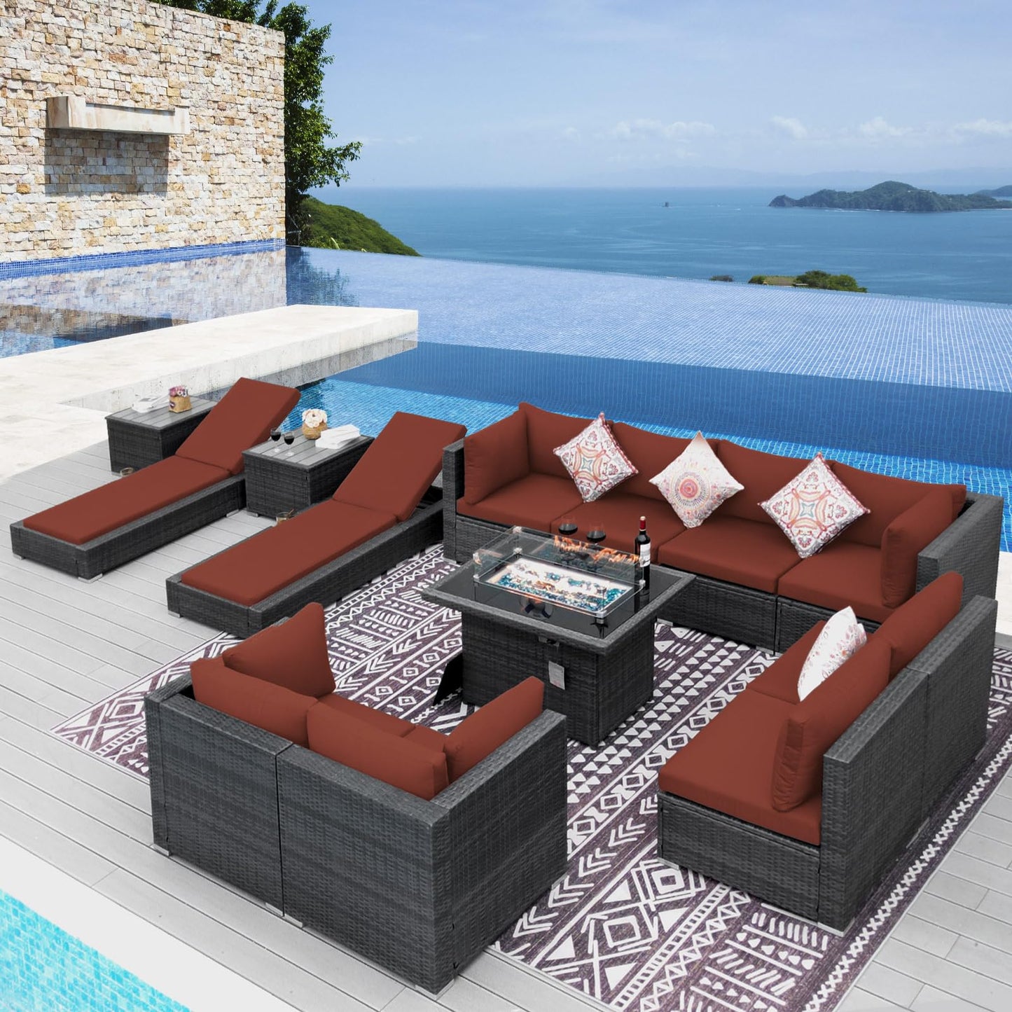 NICESOUL® 13-teiliges großes Luxus-Sofaset für die Terrasse mit Feuerstelle für Erdgas/Propan, 74 cm hohe Rückenlehne, Garten-Sitzgruppe, Gartensofa aus PE-Rattan, dunkelgrau 