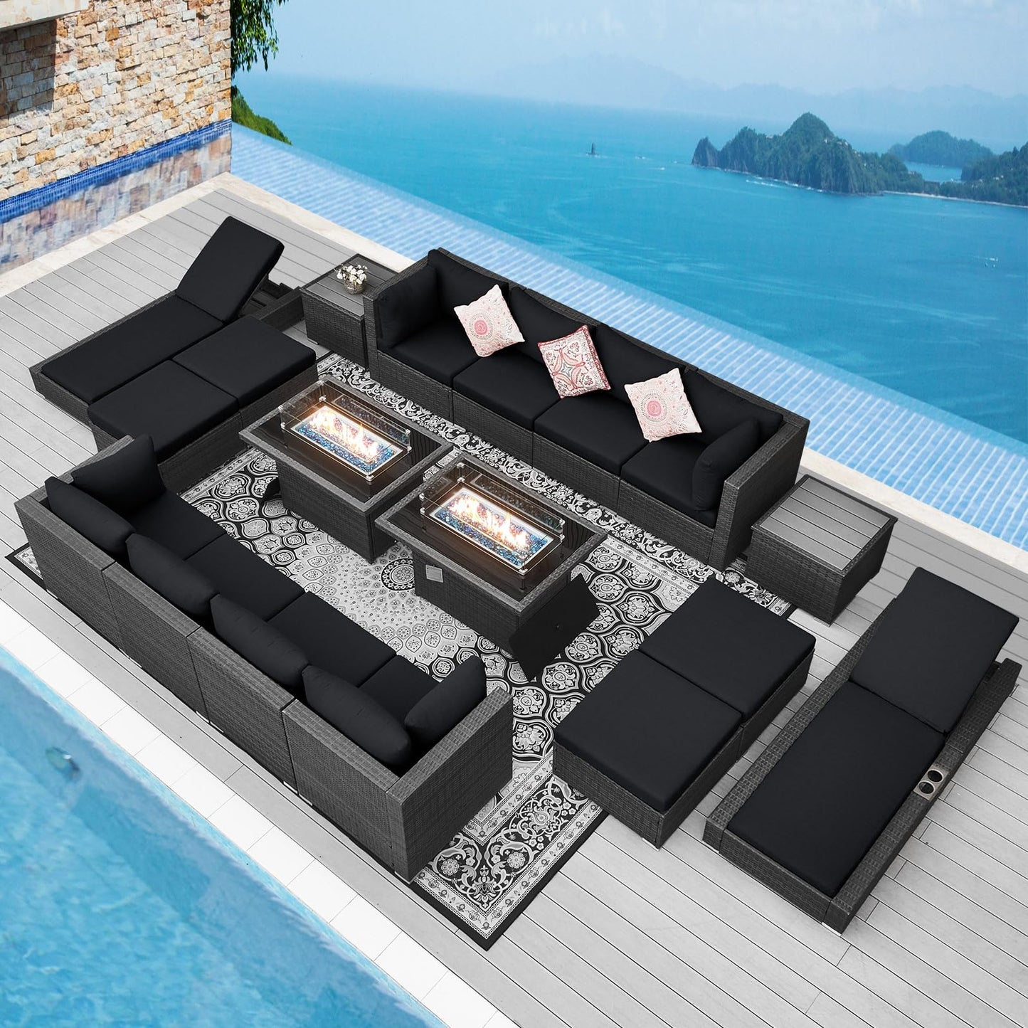 NICESOUL® 13 Piece Luxury Large Patio Furniture Sofa Set with Natural Gas/Propane Fire Pit Table, 29.3" High Back Outdoor Conversation Set, Outside PE Rattan Sectional Sofa, Dark Gray