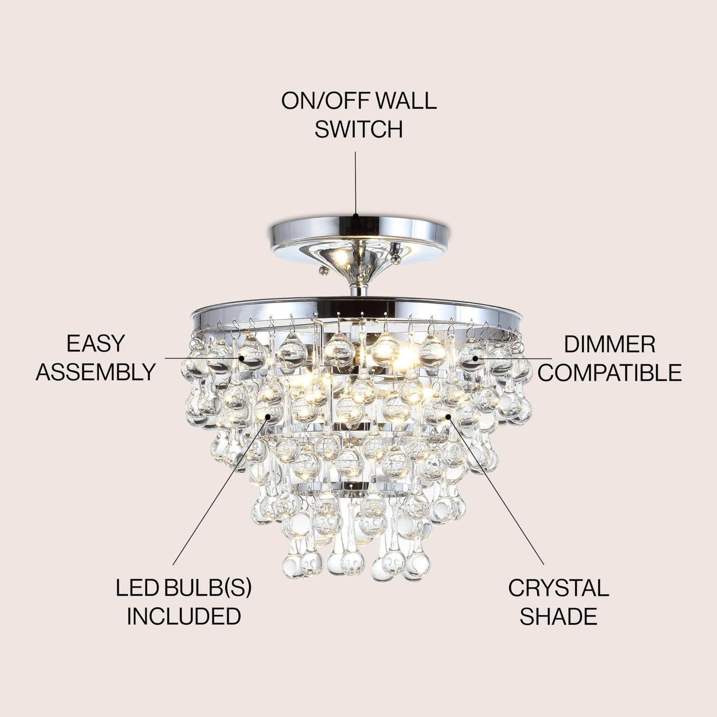 JONATHAN Y JYL9030B Toronto 16" Metal/Crystal LED Flush Mount, Contemporary, Modern, Transitional, Elegant, Office, Living Room, Family Room, Dining Room, Bedroom, Hallway, Foyer, Chrome