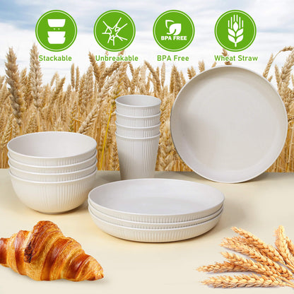12pcs Wheat Straw Dinnerware Sets for 4, Kitchen Unbreakable Plates and Bowls