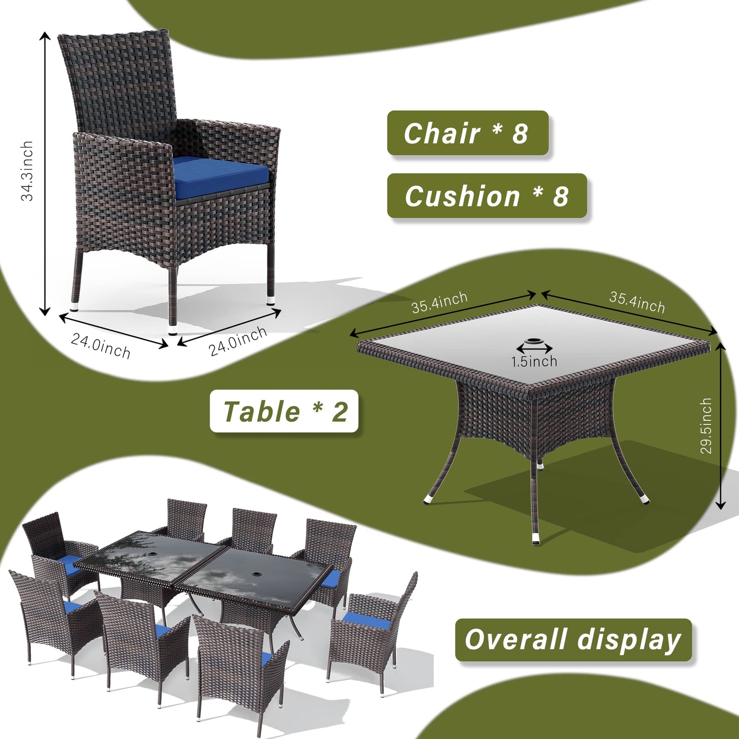 Ensemble de salle à manger de patio 15 pièces Meubles d'extérieur en rotin Ensemble de salle à manger avec 3 plateaux de table carrés en verre 12 chaises avec coussins bleu marine pour patio, arrière-cour, cuisine extérieure, pelouse et jardin 