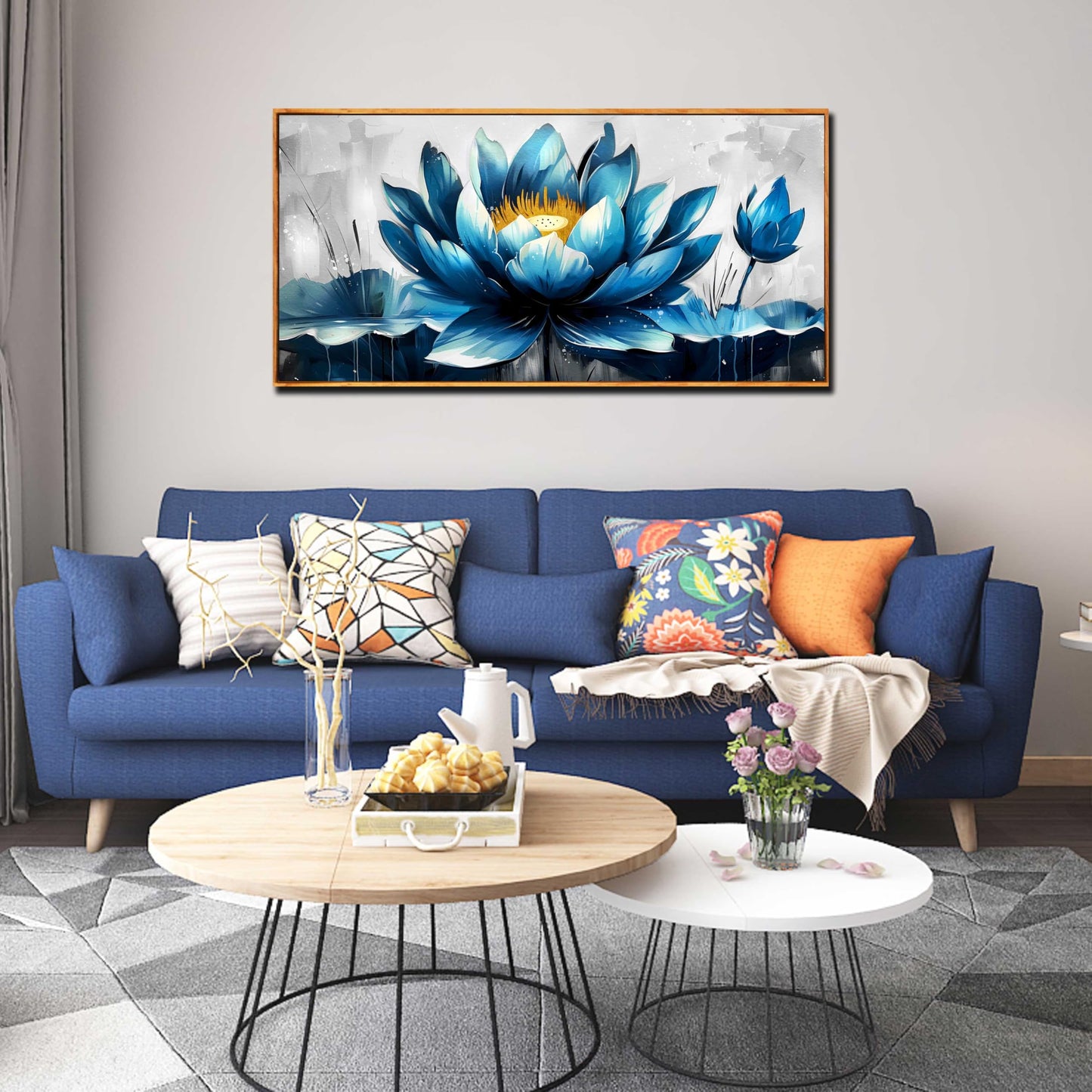 Ouzzlie Große Blumen-Wanddekoration, blaue Wandkunst für Wohnzimmer, goldene Kunst, Lotus-Poster für Zuhause und Büro, 73,7 x 149,9 cm 