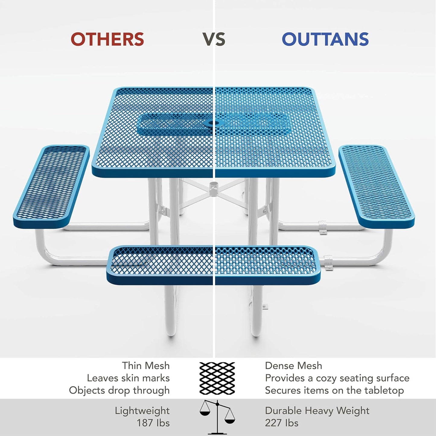 Tables de pique-nique en métal pour l'extérieur avec trou pour parasol - Table en acier revêtu de qualité commerciale robuste avec sièges réglables, 2 pieds supplémentaires, ensemble de meubles de patio à vie (46" carré, bleu) 