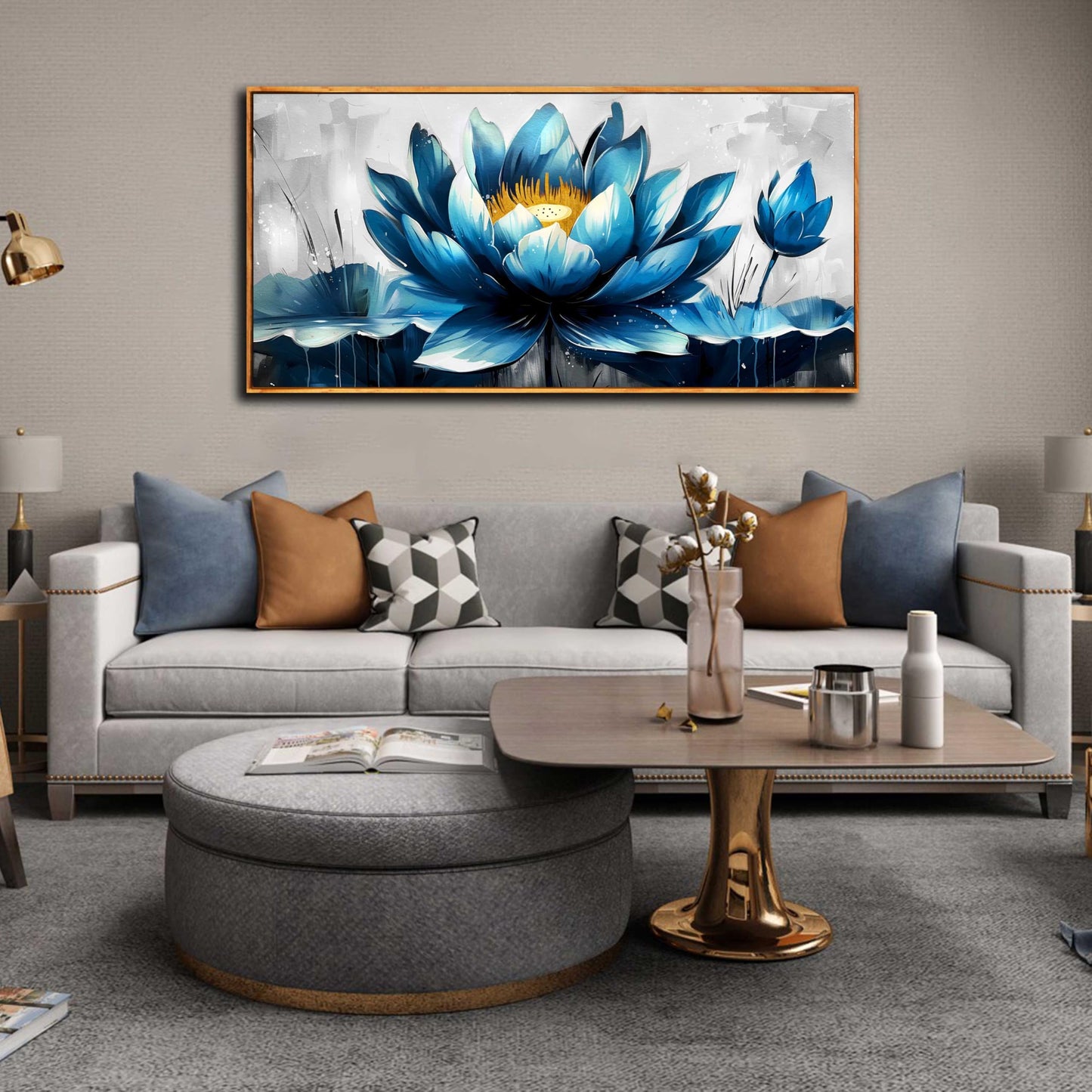 Ouzzlie Große Blumen-Wanddekoration, blaue Wandkunst für Wohnzimmer, goldene Kunst, Lotus-Poster für Zuhause und Büro, 73,7 x 149,9 cm 