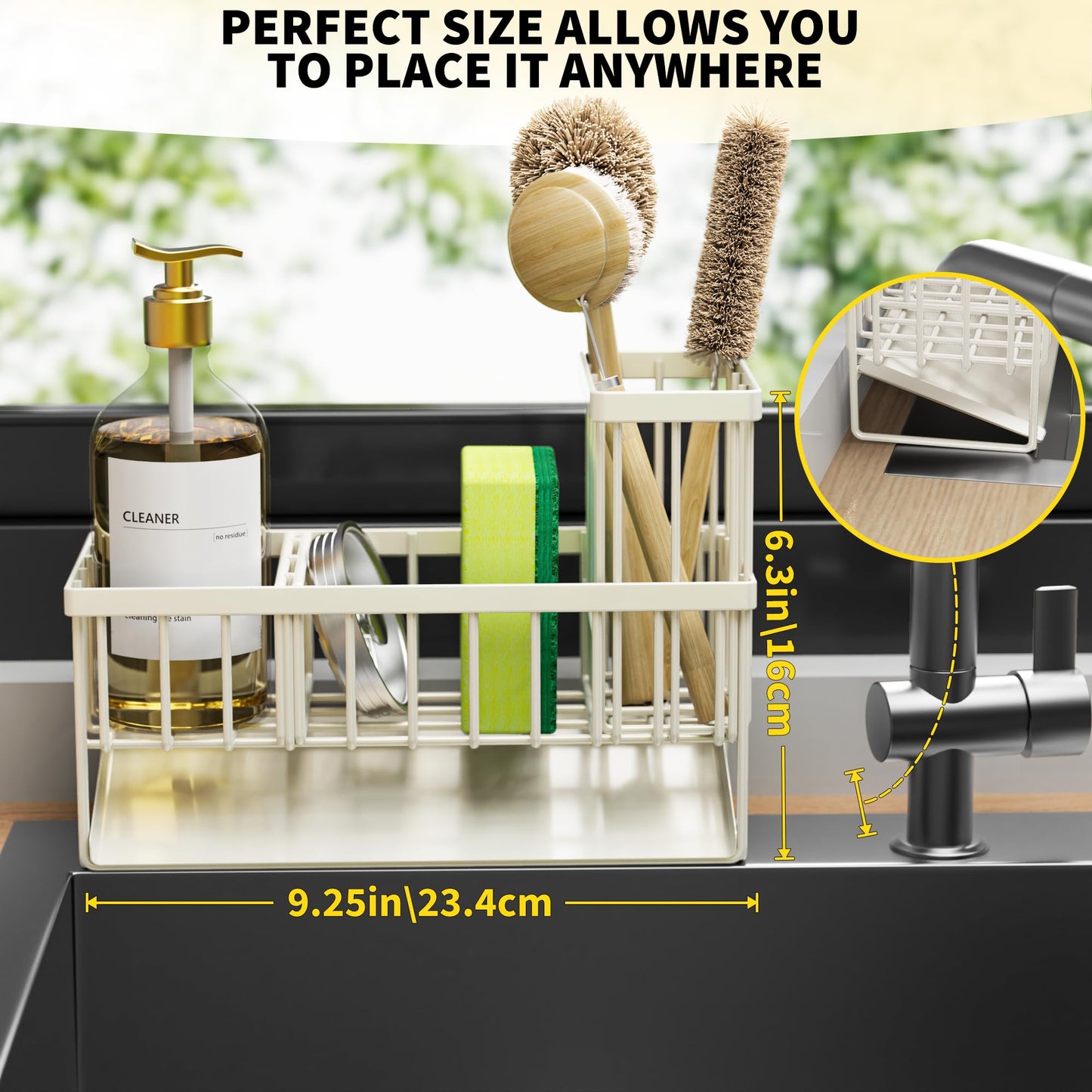 Kitchen Sink Caddy Organzier with High Brush Holder, Sponge Holder for Sink, 304 Rustproof Stainless, Kitchen Countertop Soap Dispenser Organizer, Kitchen Decor and Accessories